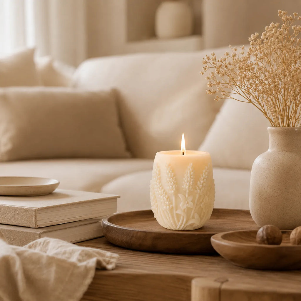 Candle with decorative design on a wooden table in a cozy living room setting.