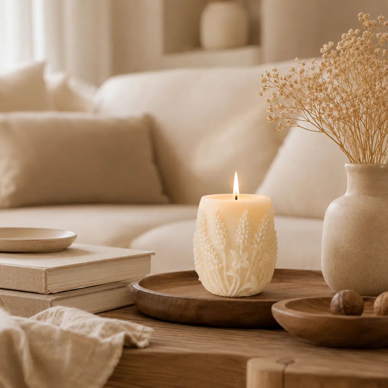 Candle with decorative design on a wooden table in a cozy living room setting.