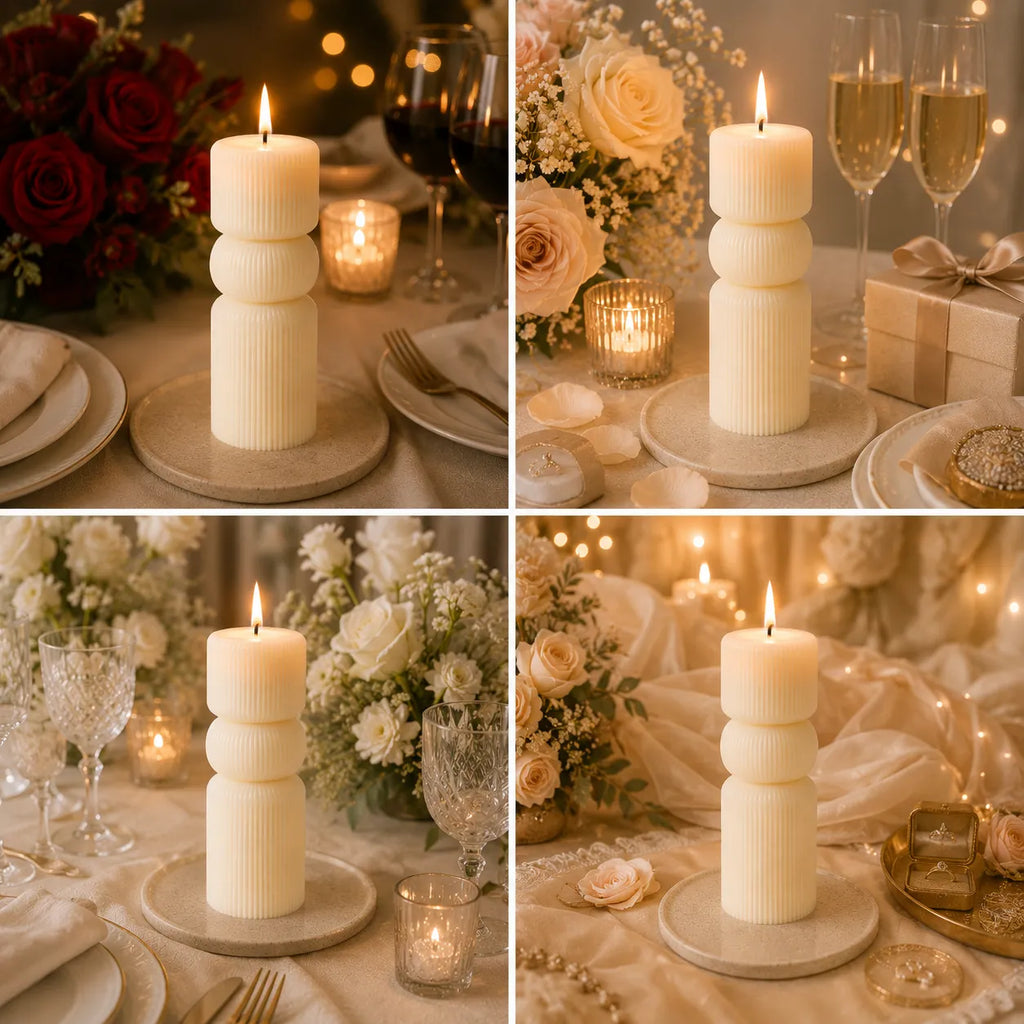 Collage of a decorated table setting with candles, flowers, and glasses.