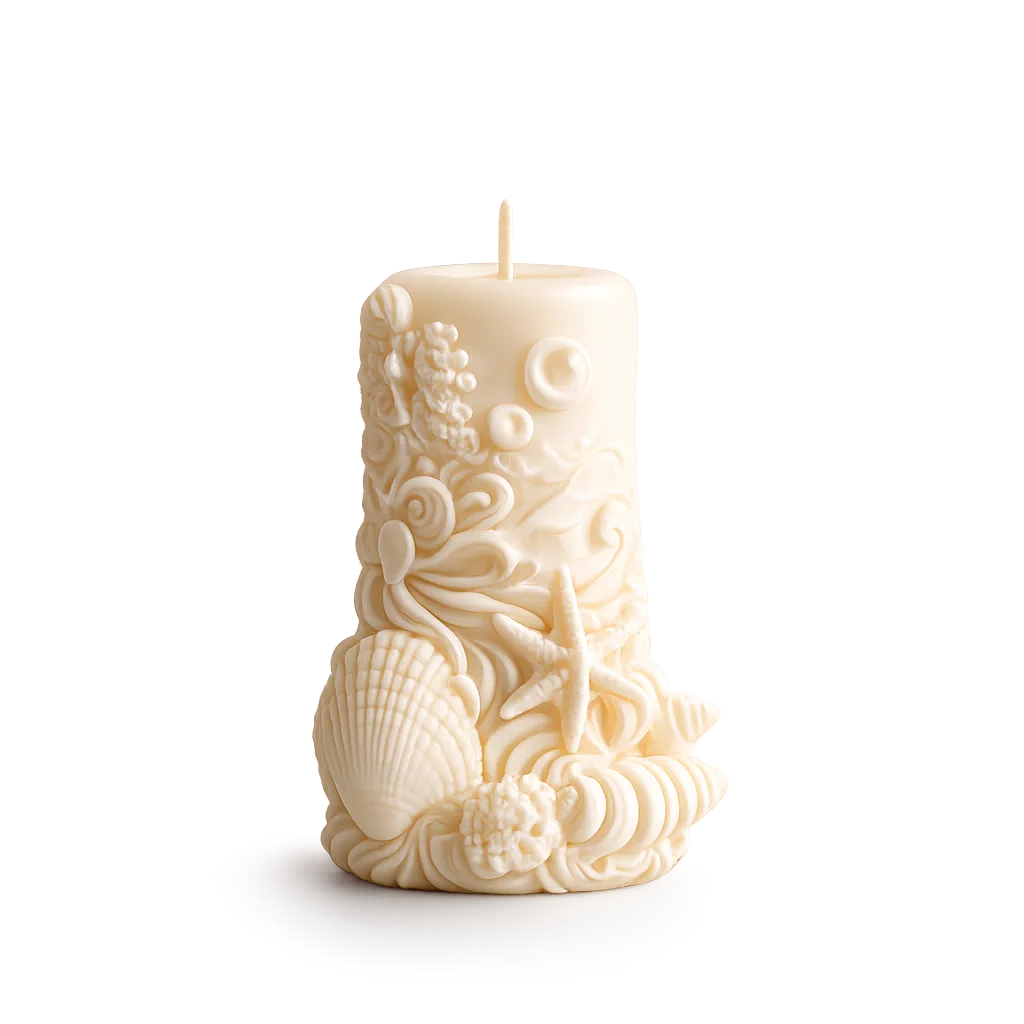 Decorative candle with intricate designs on a white background