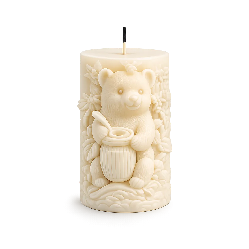 Decorative candle with a bear design on a white background