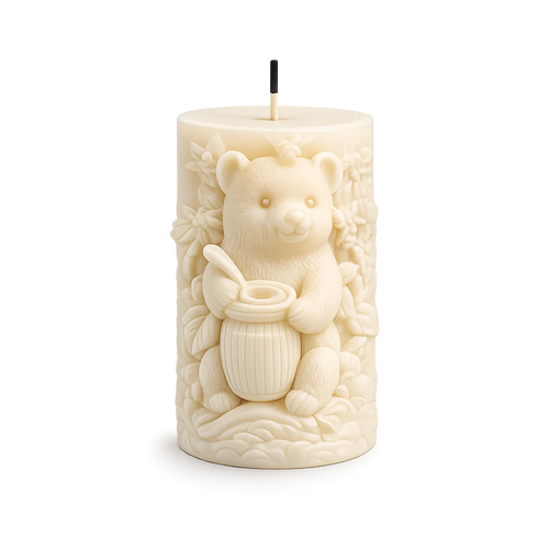 Decorative candle with a bear design on a white background