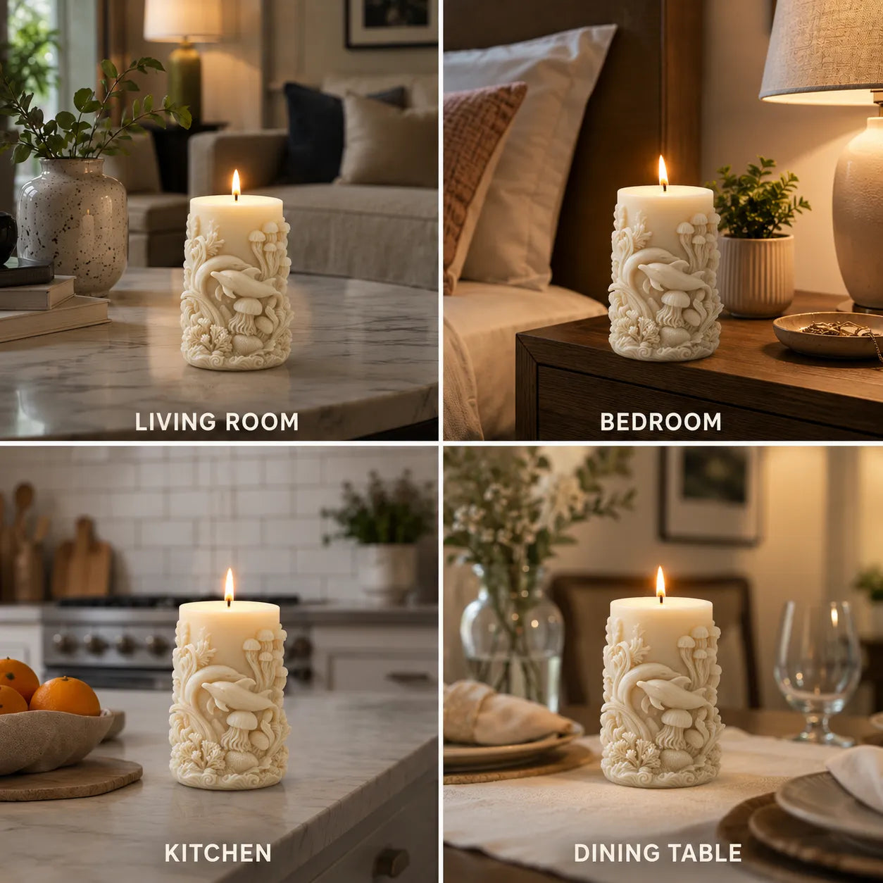 Decorative candle with intricate design in various settings including living room, bedroom, kitchen, and dining table.
