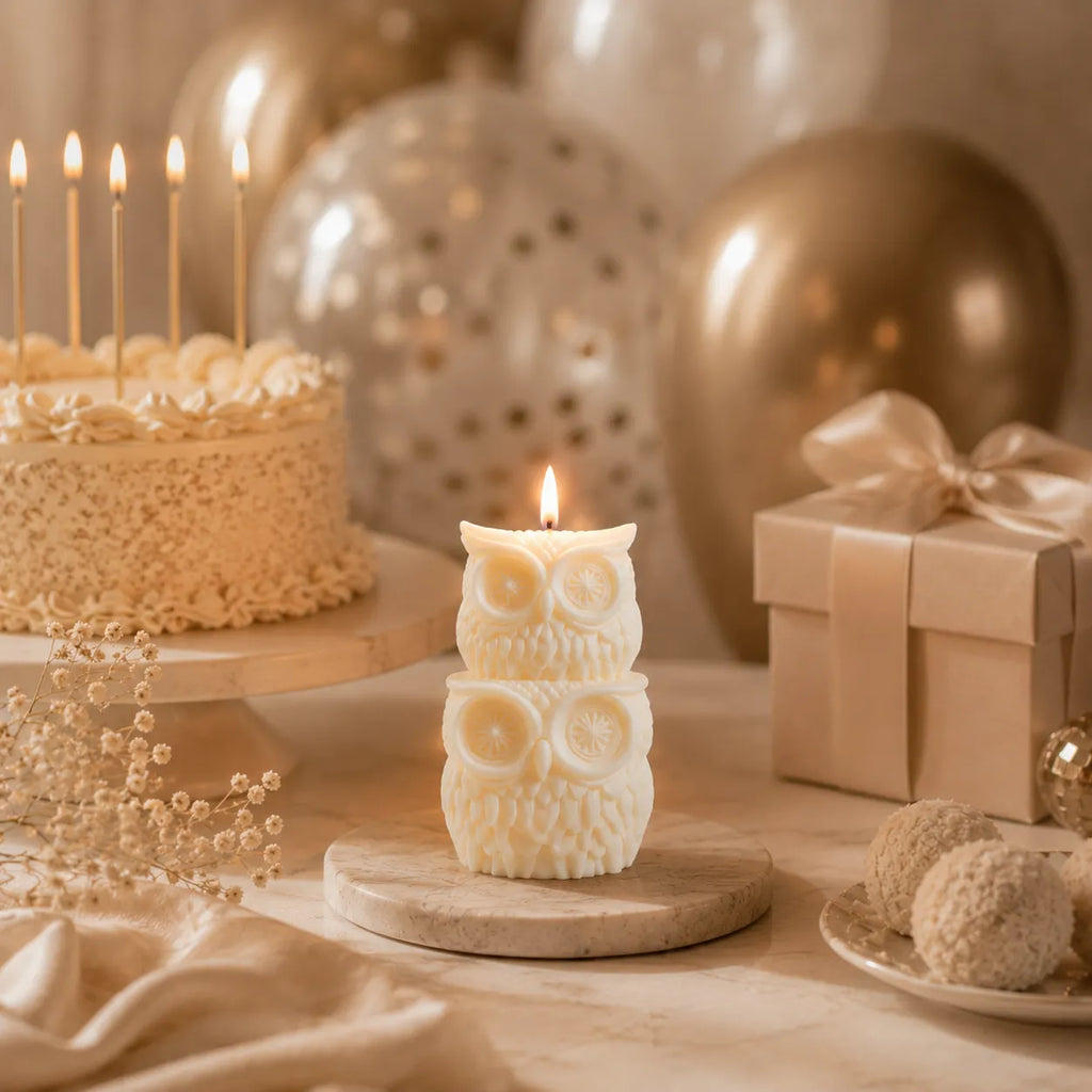Decorative owl-shaped candle on a wooden stand with a cake, gift box, and balloons in the background.