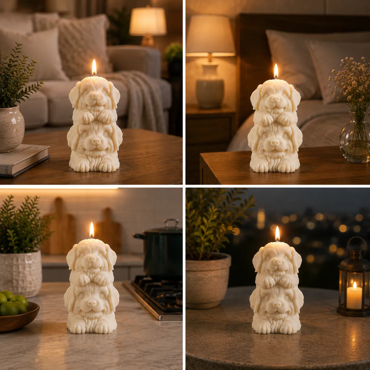 Stacked dog-shaped candles on a table with a cozy indoor setting.