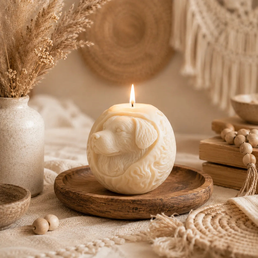 Decorative candle shaped like a dog on a wooden plate with a warm, rustic background.