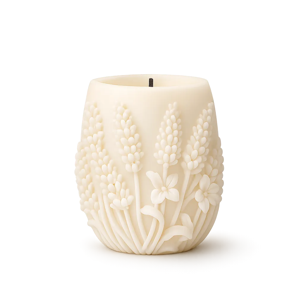 White candle with floral embossing on a white background