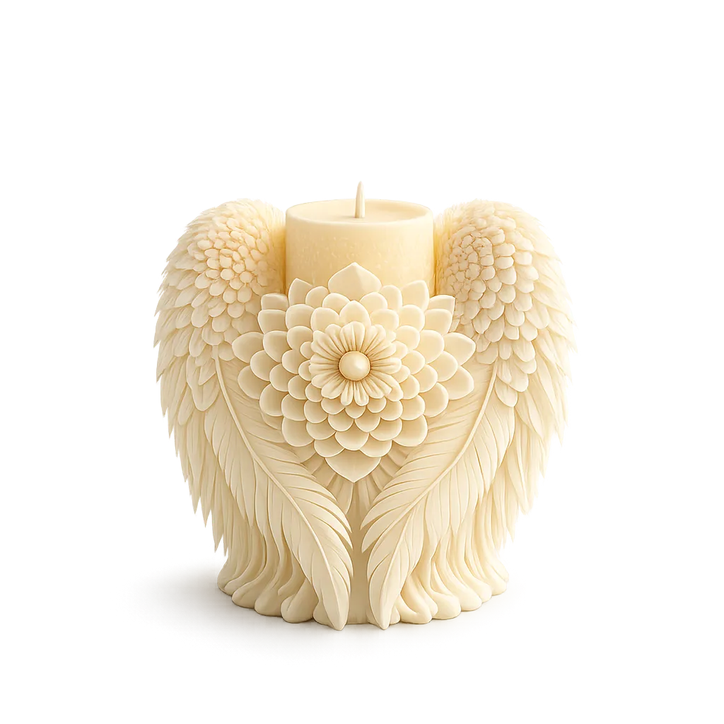 Decorative candle with floral and feather design on a white background
