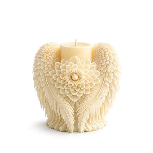 Decorative candle with floral and feather design on a white background
