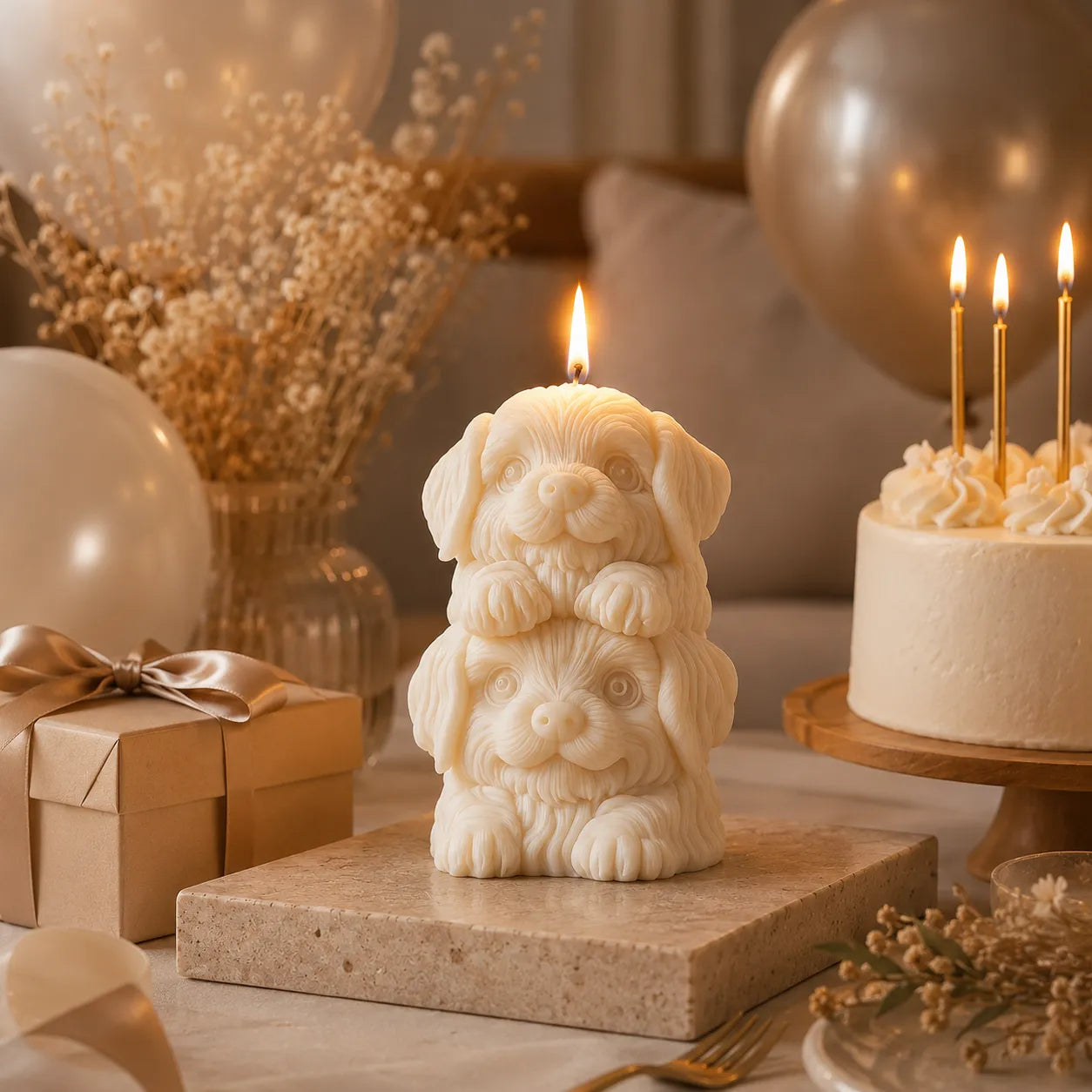 Stacked dog-shaped candle on a marble base with a cake and balloons in the background.