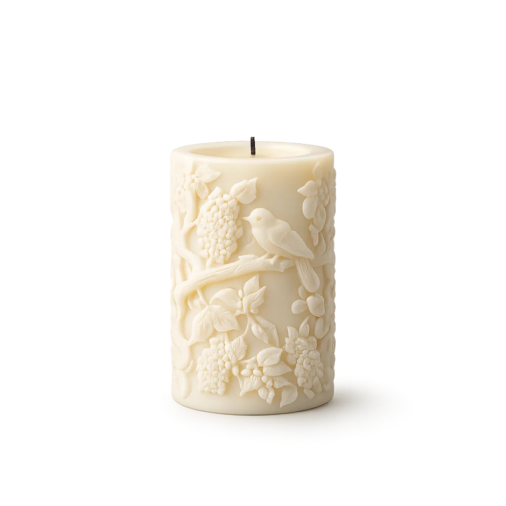 Decorative candle with bird and floral patterns on a white background