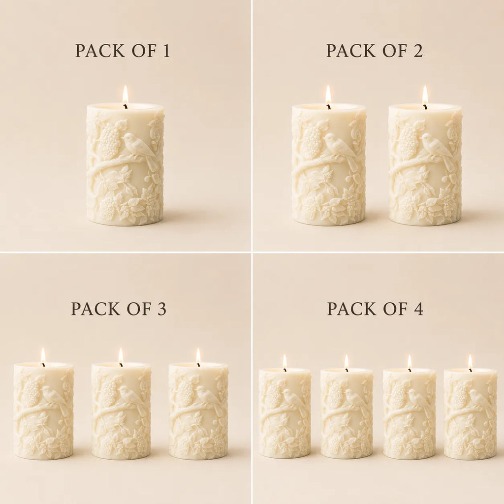 Collage of candles with text indicating pack sizes on a beige background