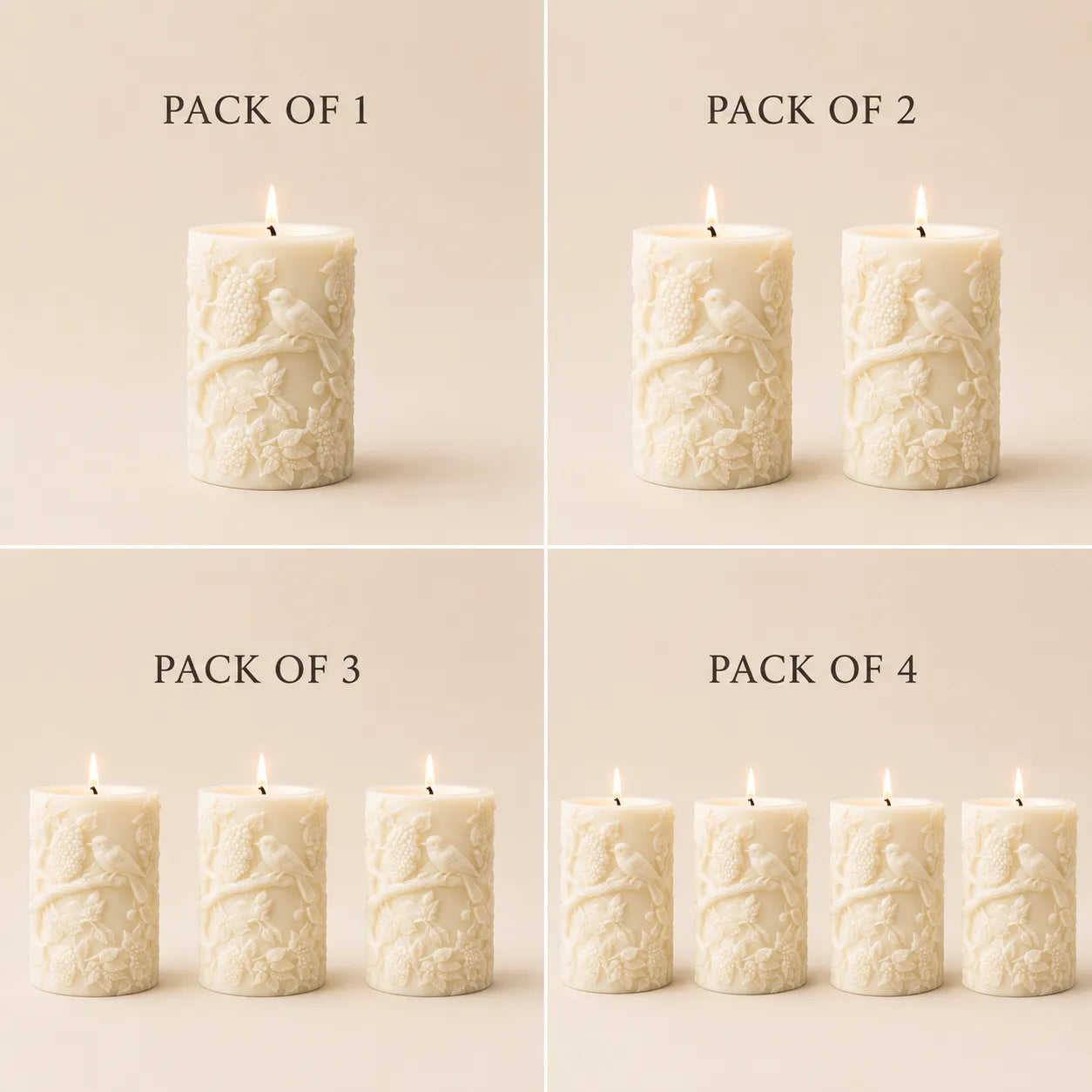 Collage of candles with text indicating pack sizes on a beige background