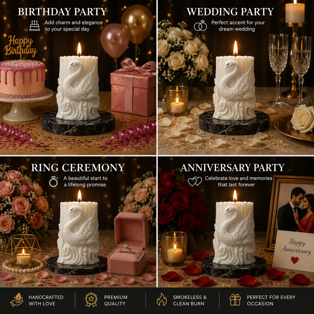 Decorative candles with text for birthday, wedding, ring ceremony, and anniversary parties.