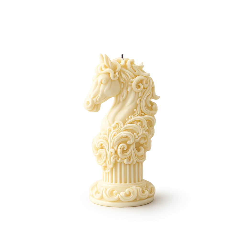 Decorative candle shaped like a unicorn on a white background