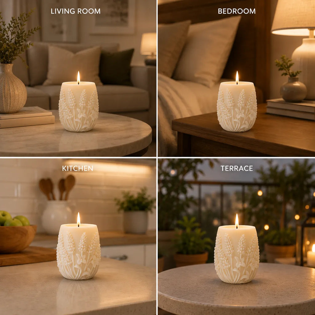 White textured candle on a table in various settings including living room, bedroom, kitchen, and terrace.