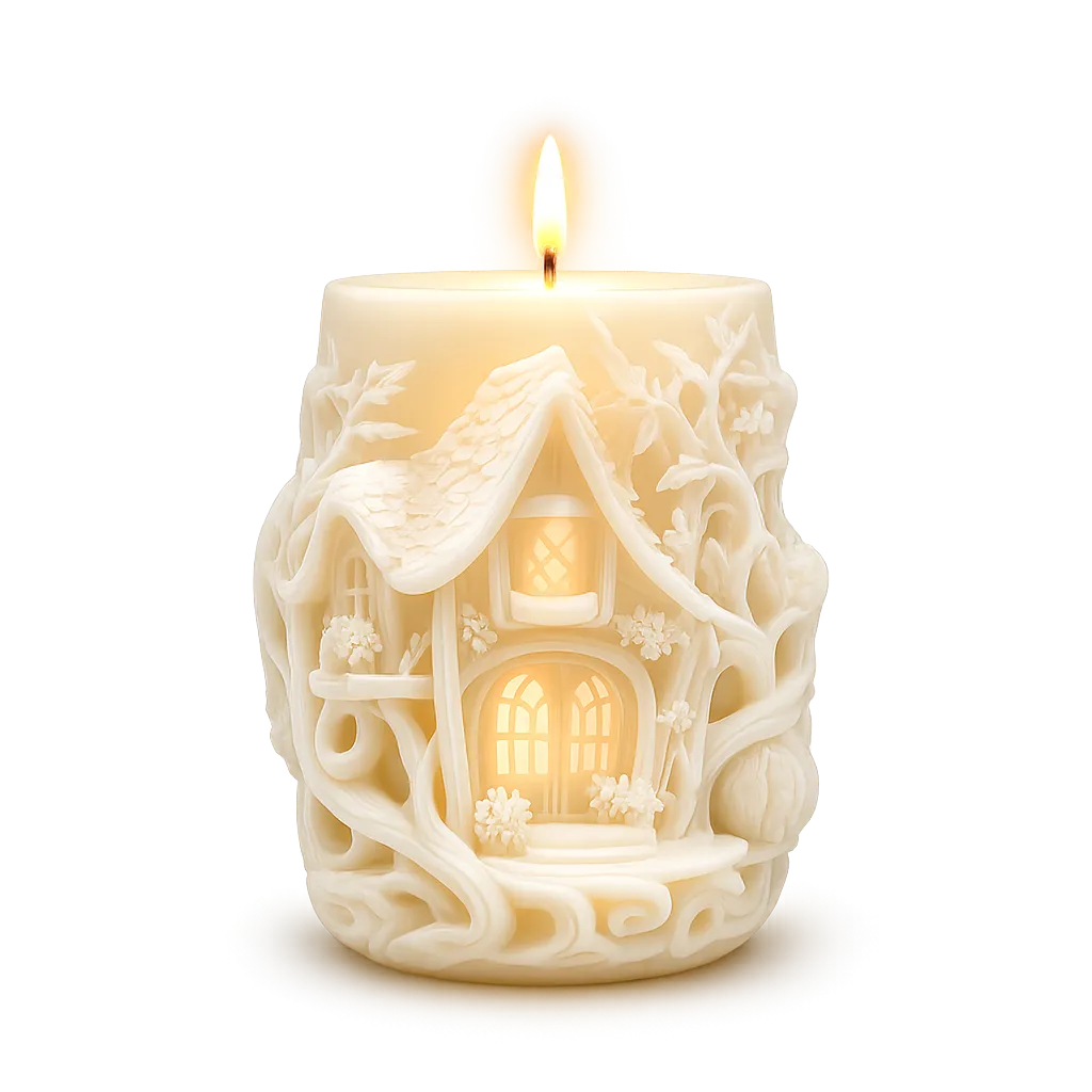 Decorative candle with a house design on a white background