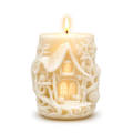 Decorative candle with a house design on a white background