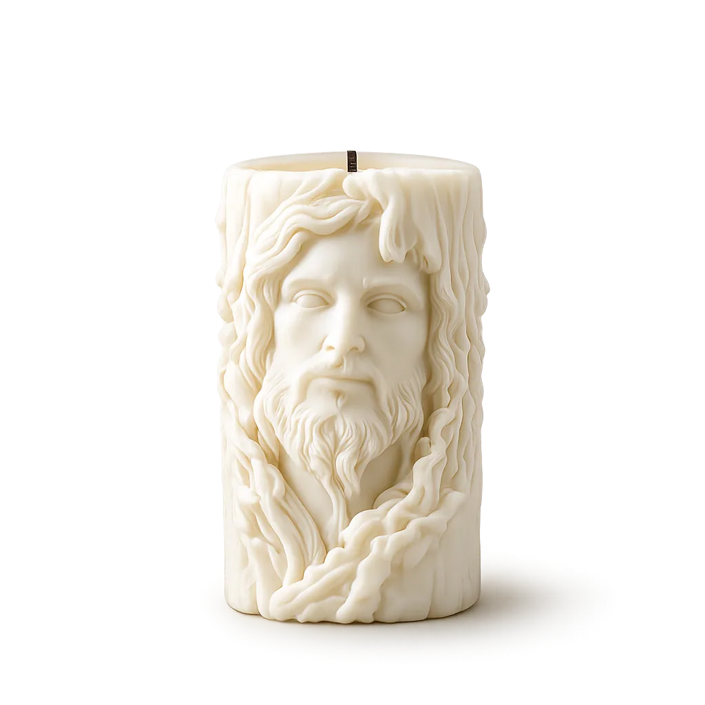 Candle with a face and beard design on a white background