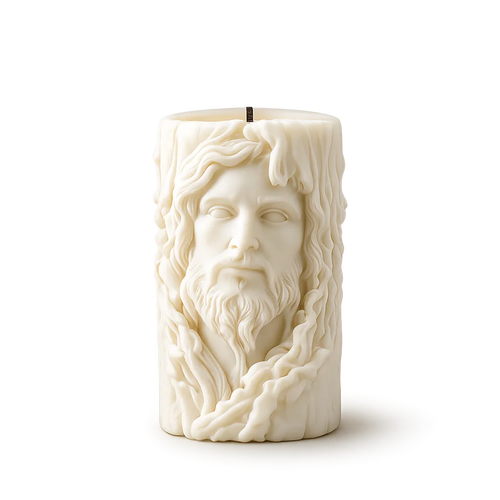 Candle with a face and beard design on a white background
