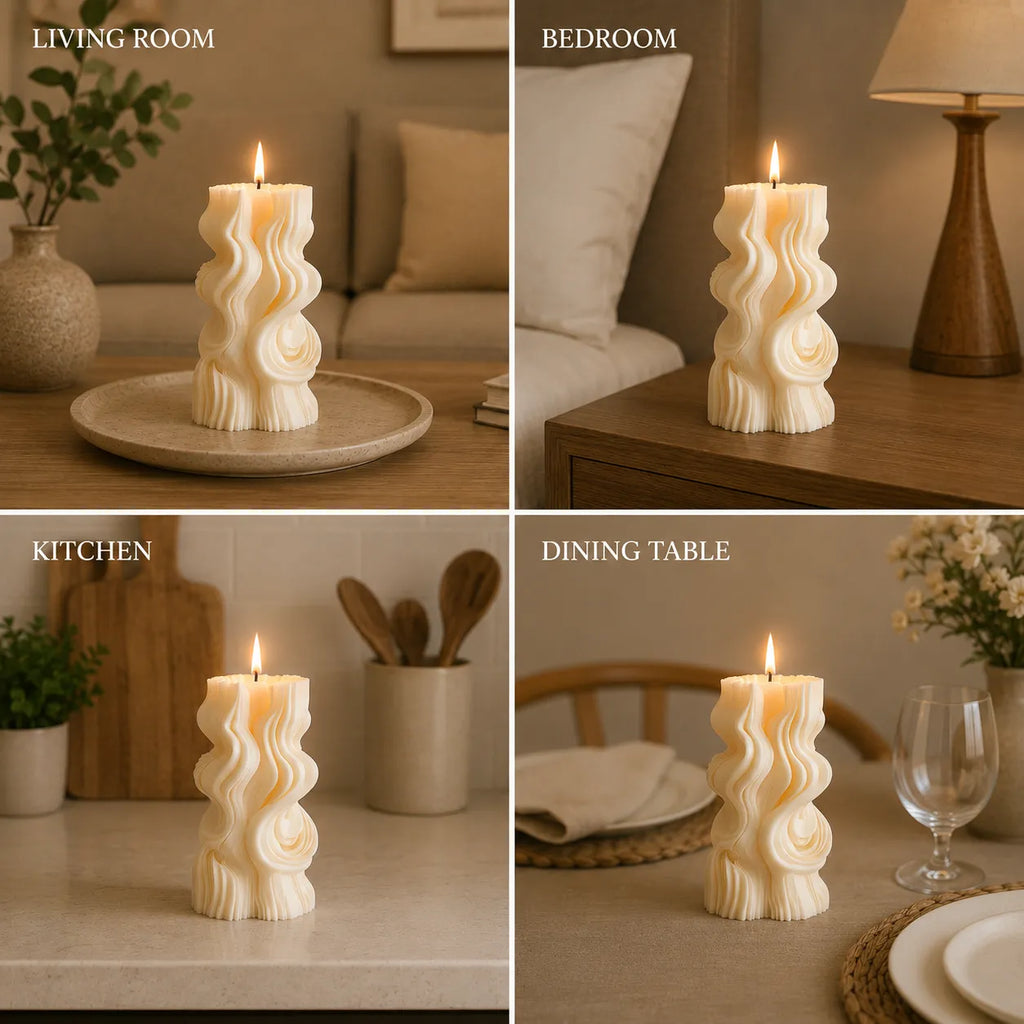 Candle in a wavy holder on different surfaces labeled 'Living Room', 'Bedroom', 'Kitchen', and 'Dining Table'.