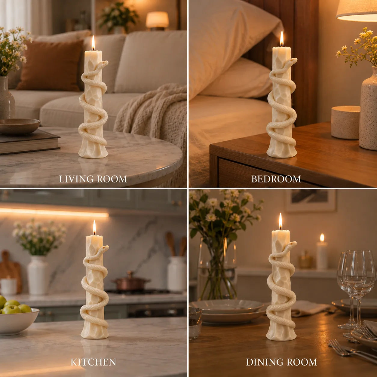 Decorative candle holder on a table in various rooms including living room, bedroom, kitchen, and dining room.