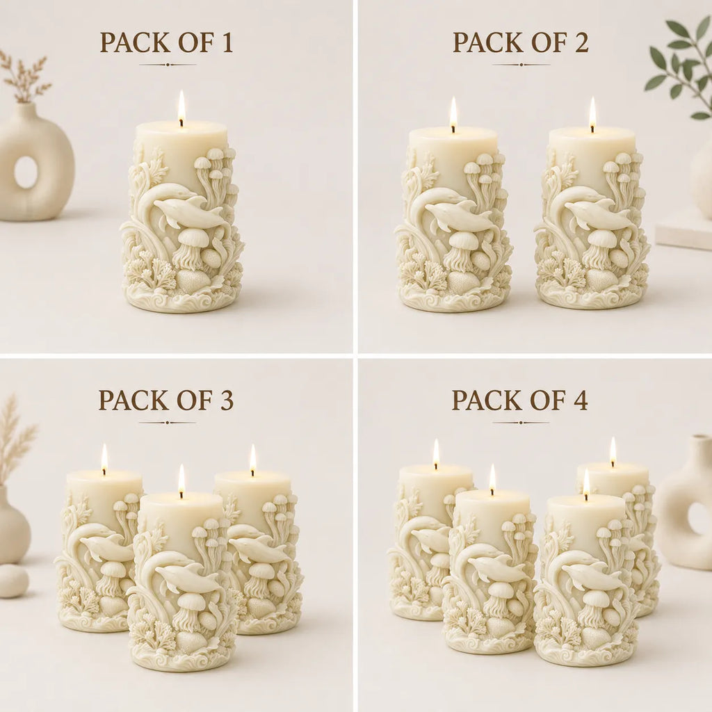Set of decorative candles with intricate designs, shown in packs of 1, 2, 3, and 4 on a light background.