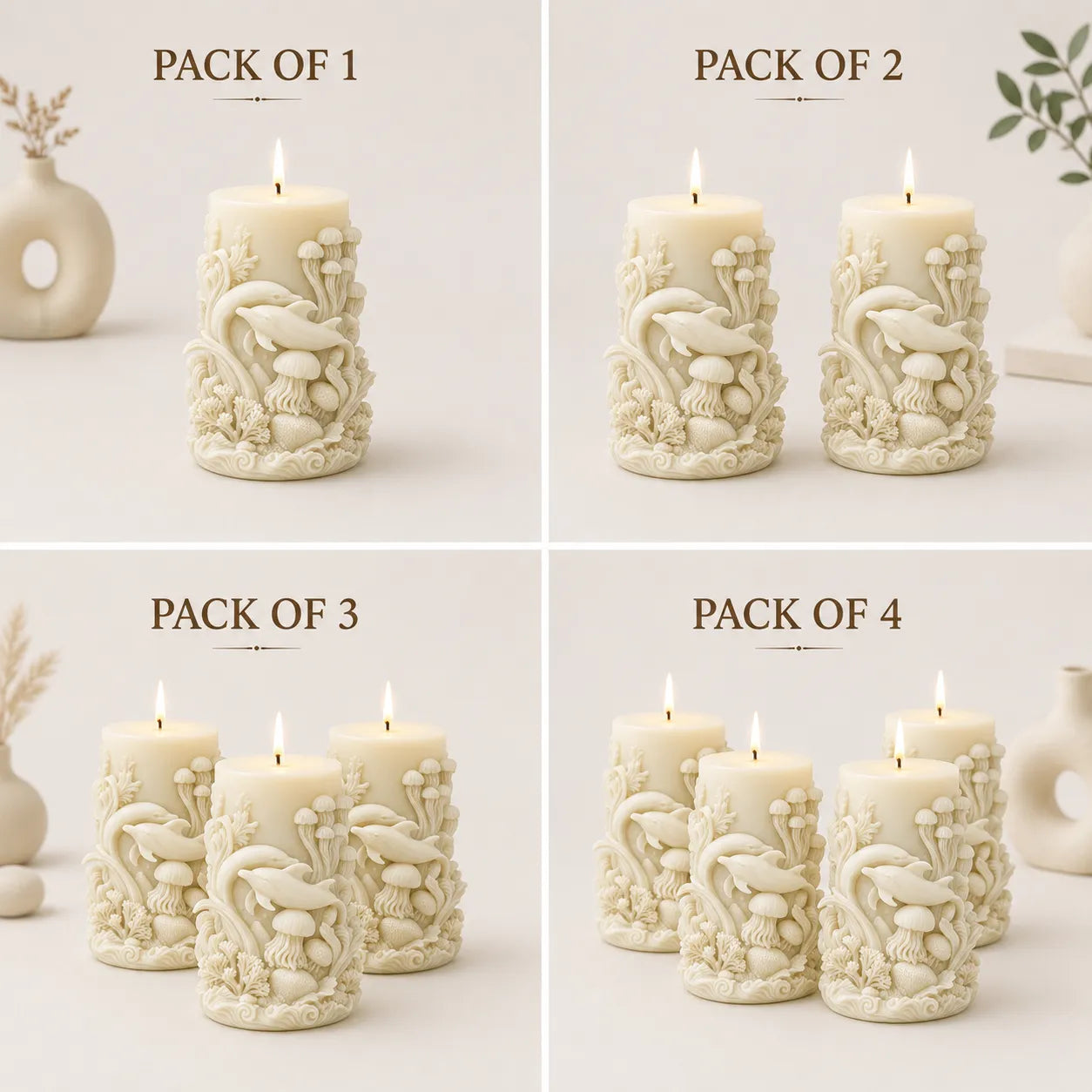 Set of decorative candles with intricate designs, shown in packs of 1, 2, 3, and 4 on a light background.