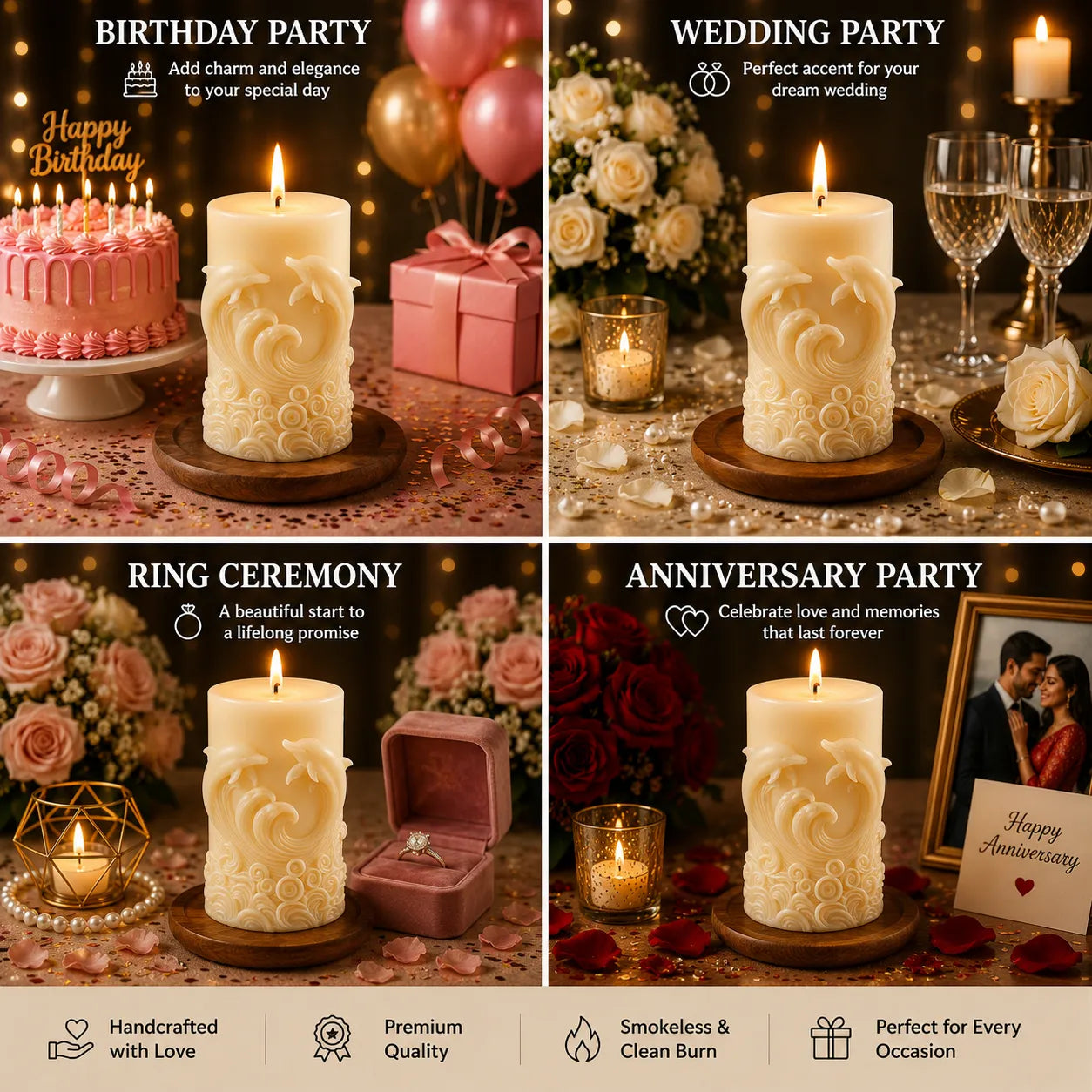 Decorative candles with romantic settings for birthday, wedding, ring ceremony, and anniversary parties.