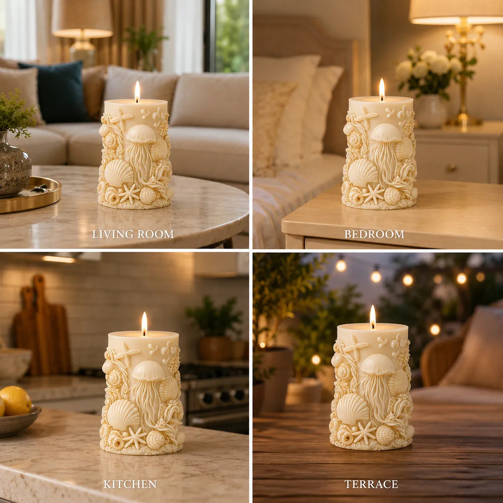 Decorative candle with shell design in various settings: living room, bedroom, kitchen, and terrace.