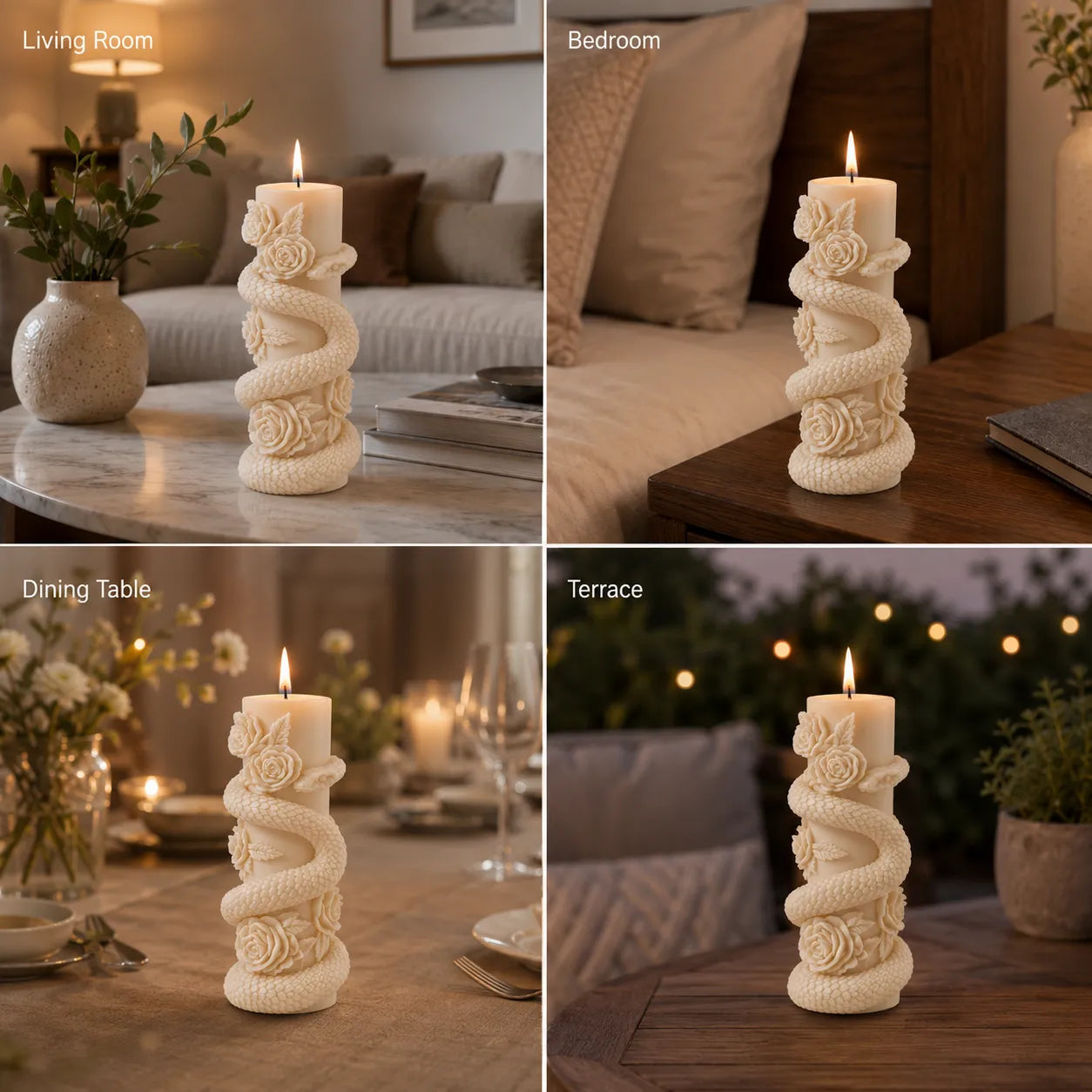 Decorative candle with floral design in various settings including living room, bedroom, dining table, and terrace.