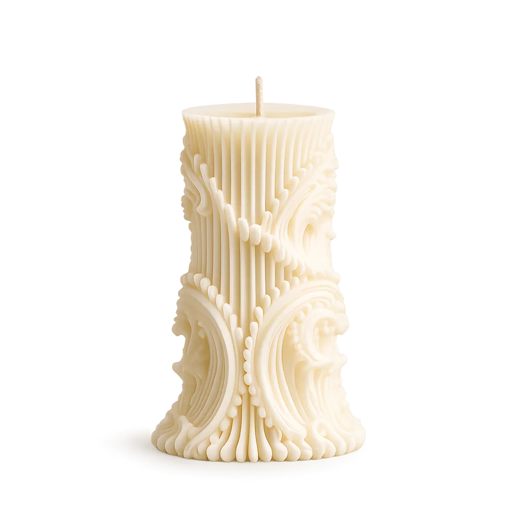 Decorative candle with intricate design on a white background