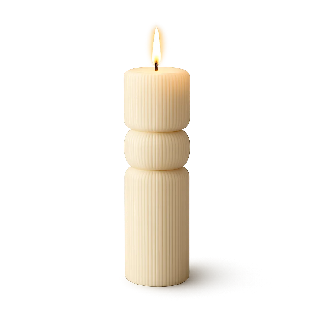 Stacked cylindrical candles with a ribbed texture on a white background