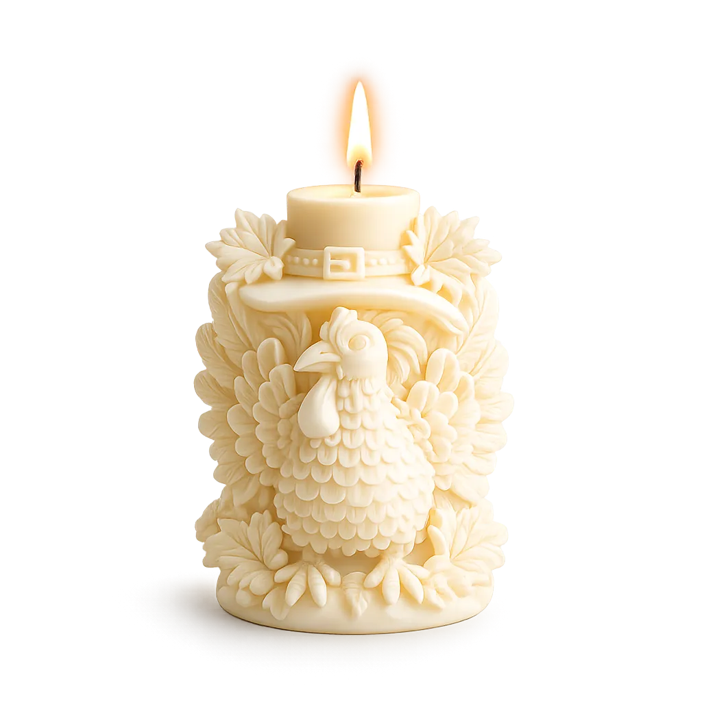 Decorative candle with a rooster design on a white background