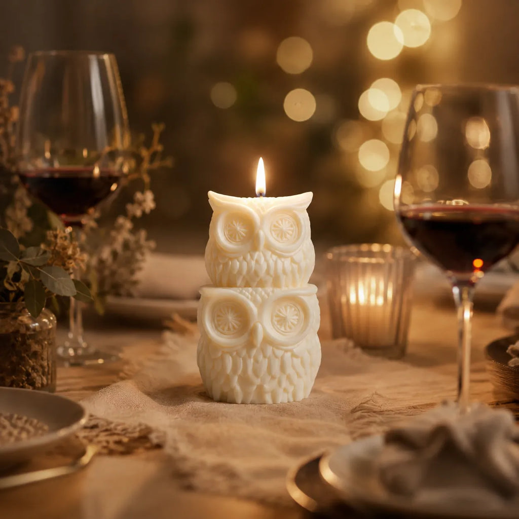 Candle shaped like an owl on a table with wine glasses and decorative lights in the background