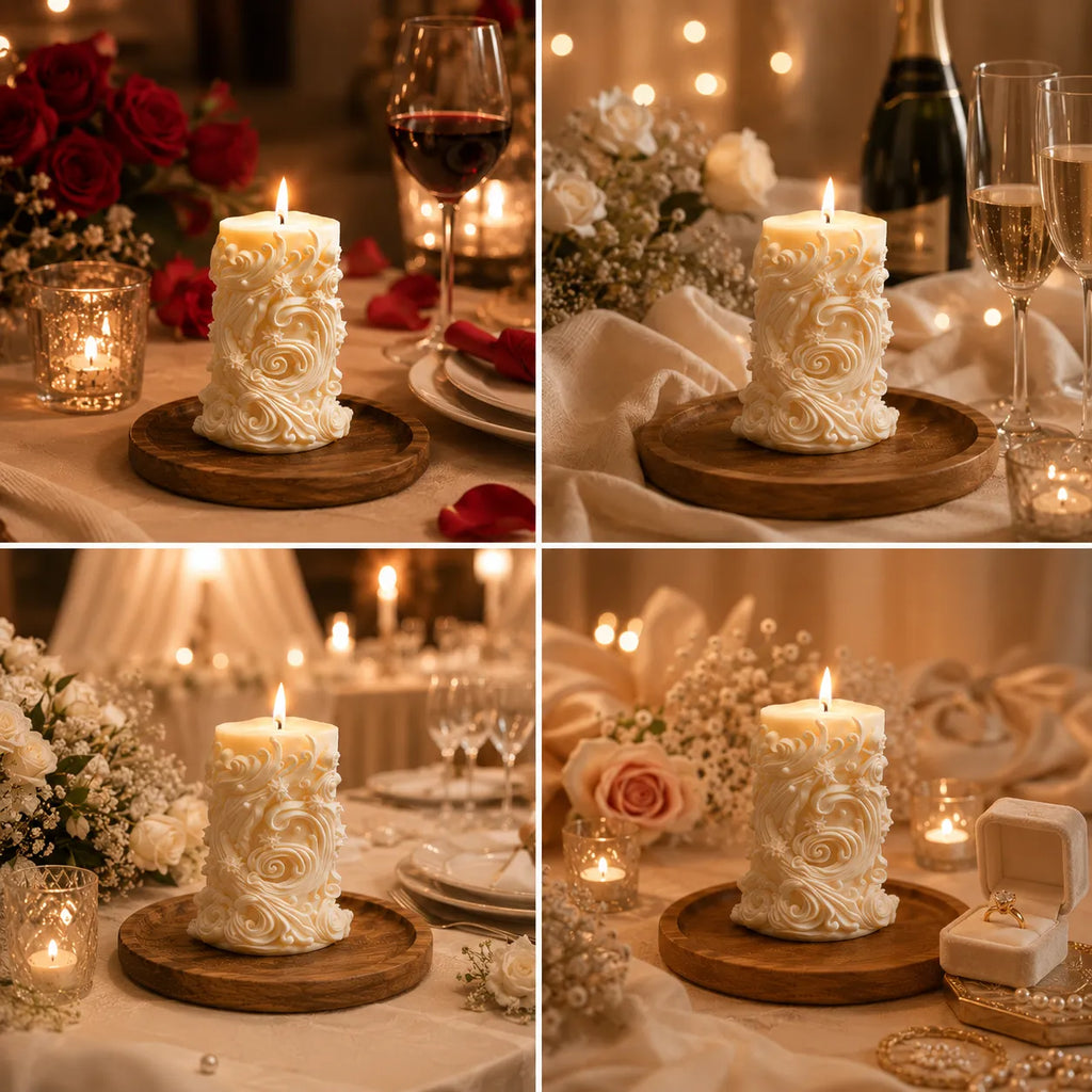 Decorative candle on a wooden plate with wine glasses and flowers in a warm setting