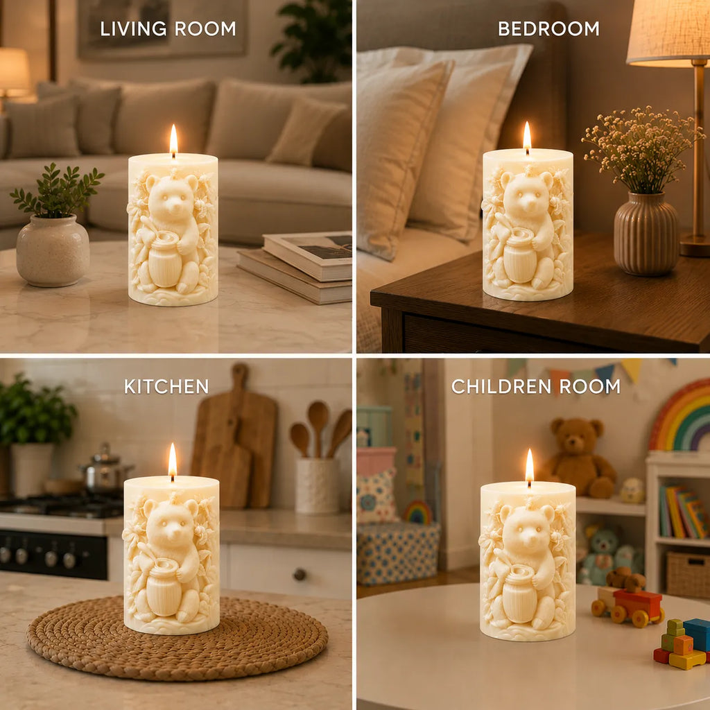Candle with bear design in various settings including living room, bedroom, kitchen, and children's room.