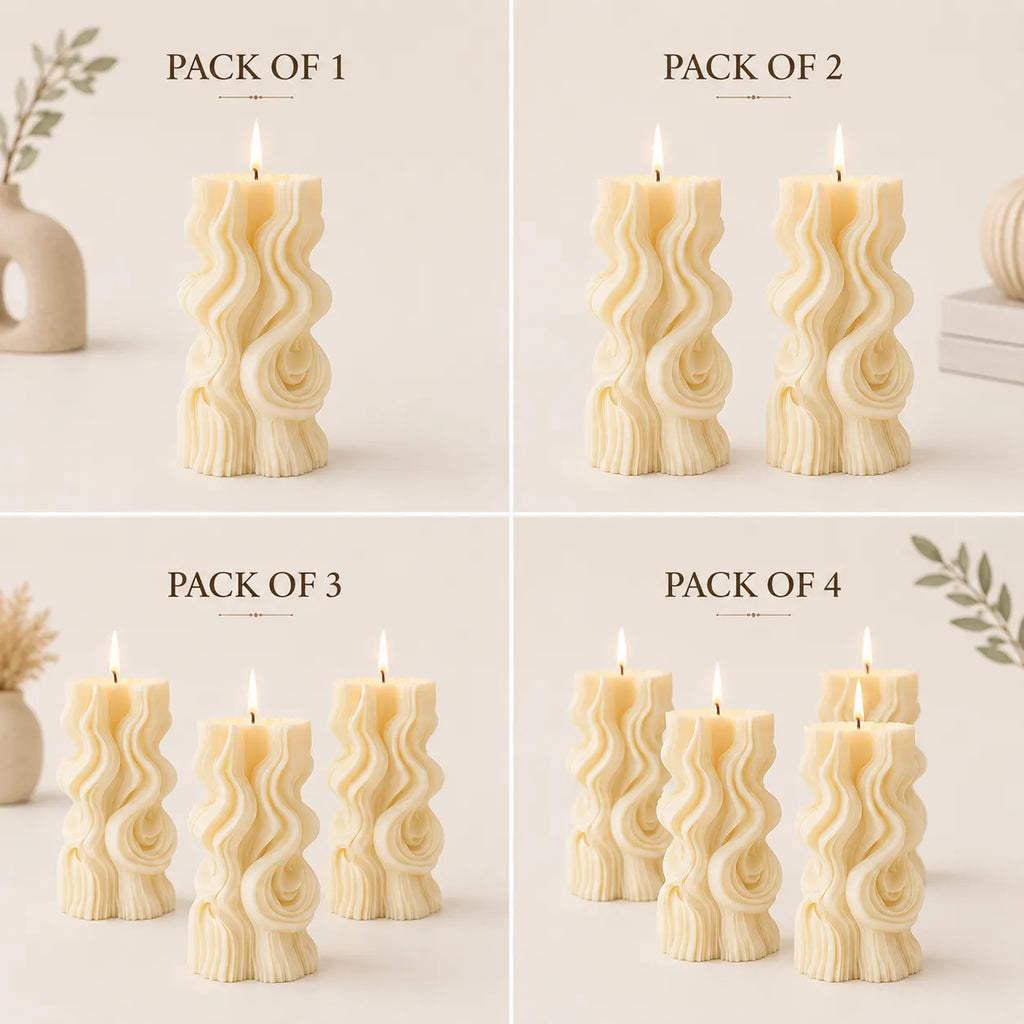 Set of wavy-patterned candles in different quantity packs on a neutral background.