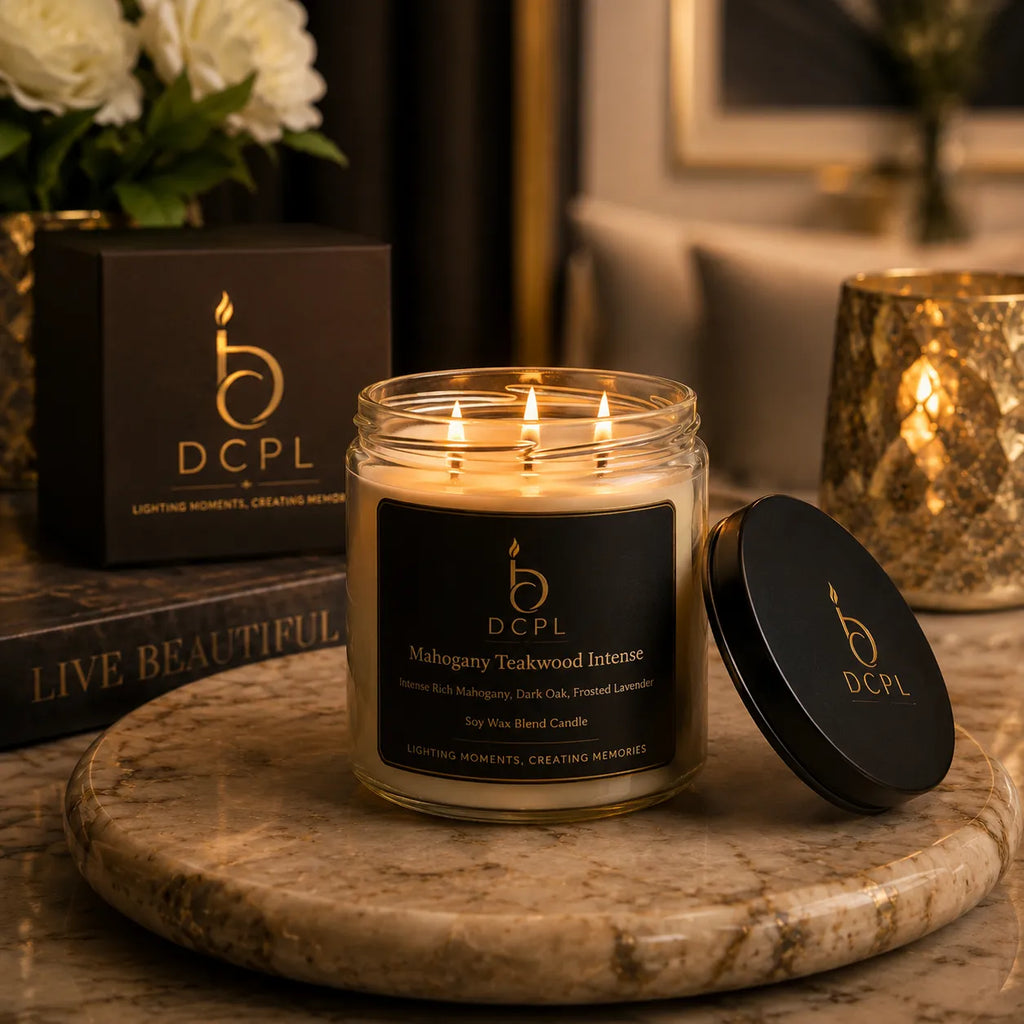 Candle with a black label on a marble surface, surrounded by decorative items.