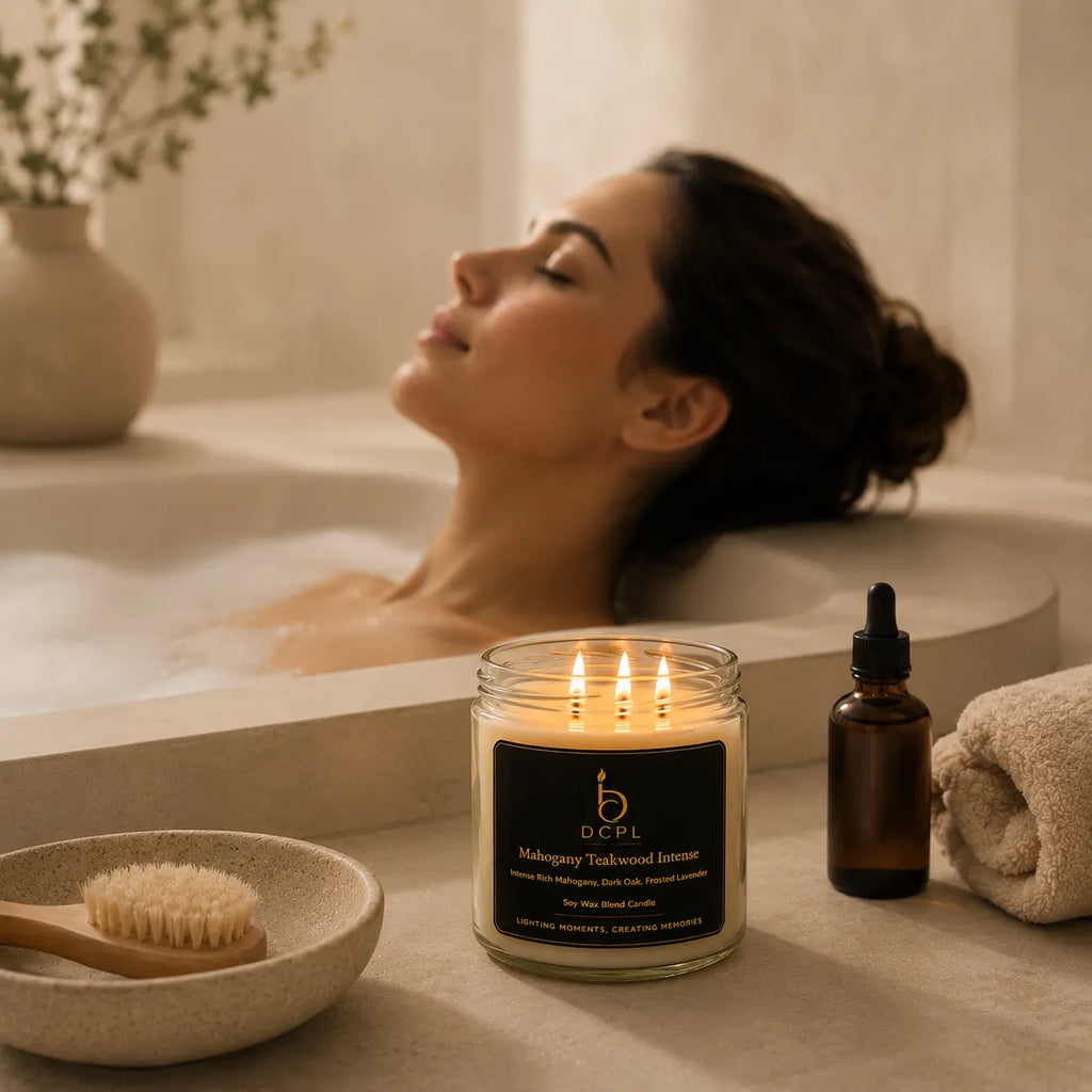 Woman relaxing in a bathtub with a lit candle and essential oil bottle.