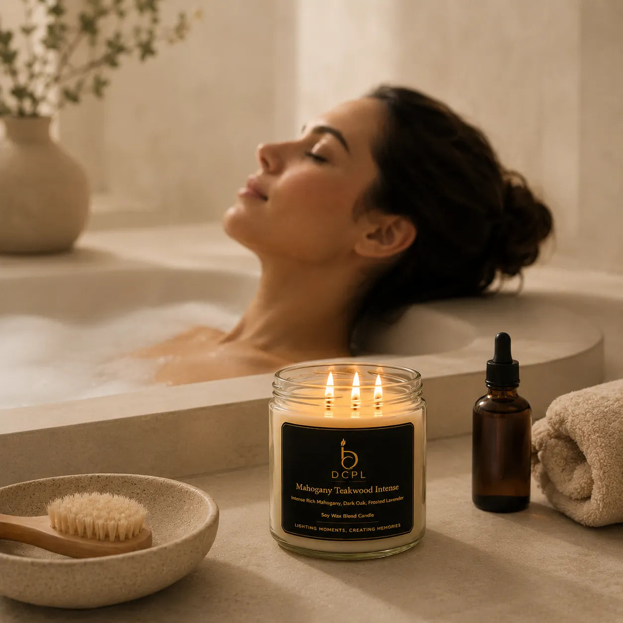 Woman relaxing in a bathtub with a lit candle and essential oil bottle.