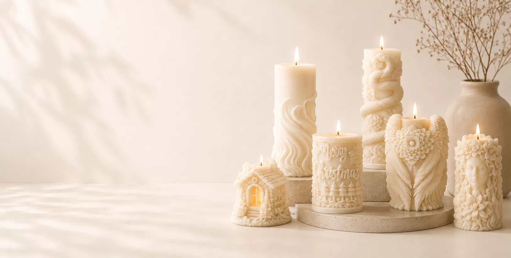 Collection of decorative candles with intricate designs on a light background