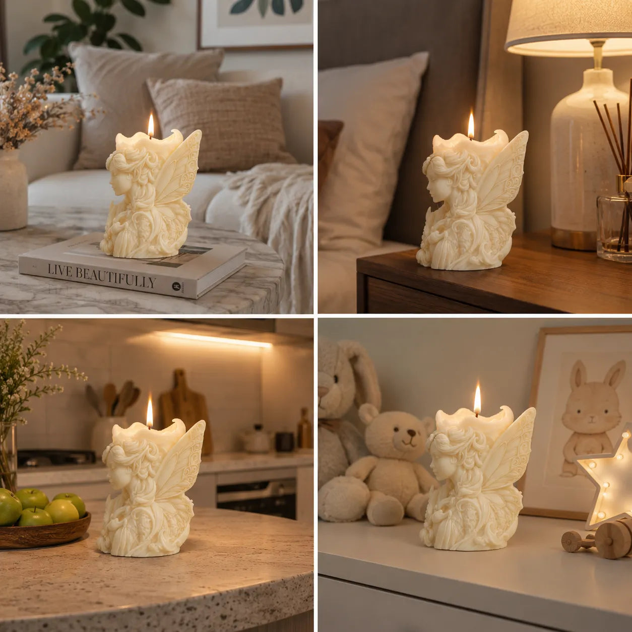 Collage of a decorative candle shaped like a fairy on various surfaces in a home setting.