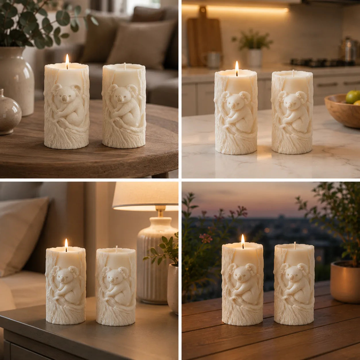 Collage of decorative candles with bear carvings in various settings.