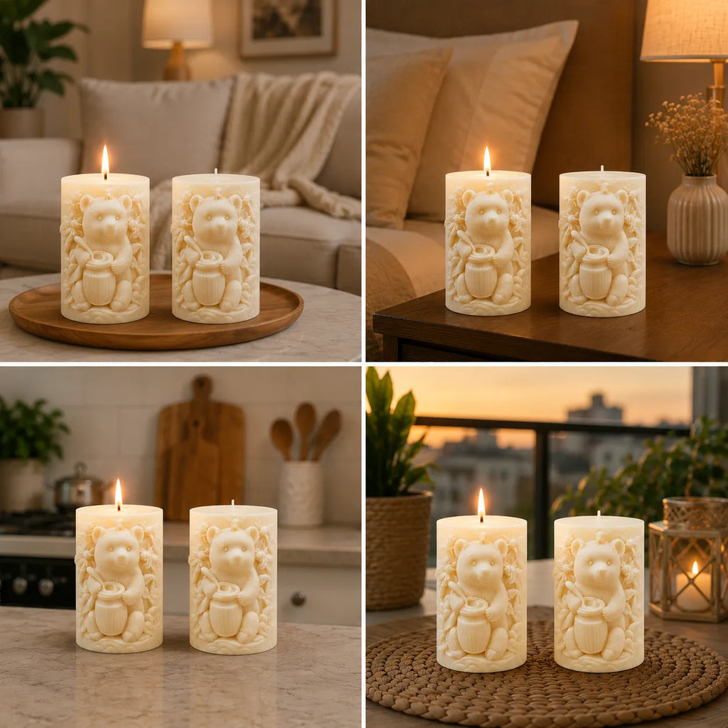 Collage of candles with bear designs in various settings