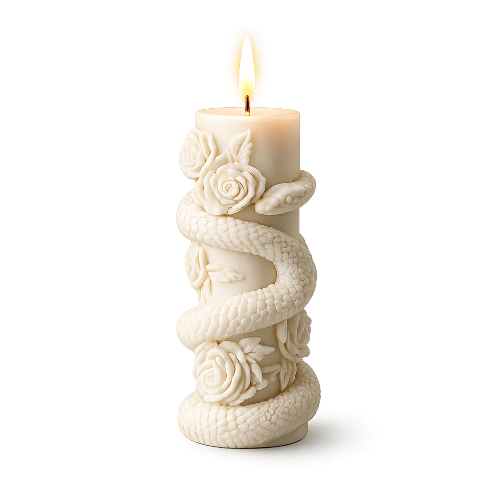 Decorative candle with snake and flower design on a white background