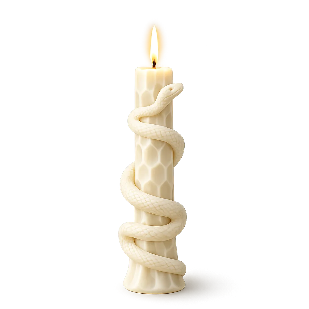 Candle with a snake-shaped holder on a white background