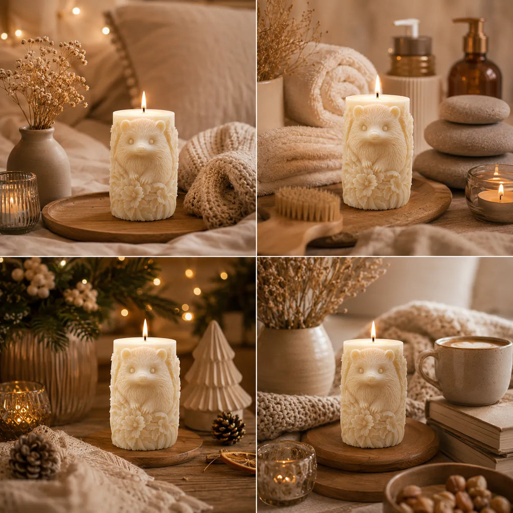 Collage of four images featuring bear-shaped candles in a cozy setting with blankets, plants, and a cup.