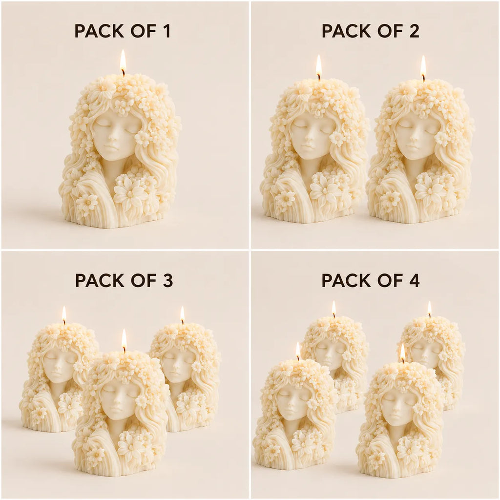 Candle figurines with long hair in packs of 1, 2, 3, and 4 on a neutral background.