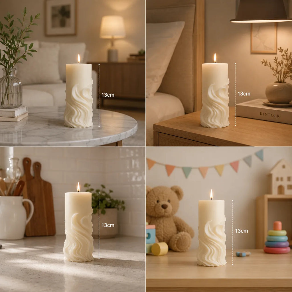 White candle with decorative design on a marble surface, wooden table, and other surfaces with measurements indicated.
